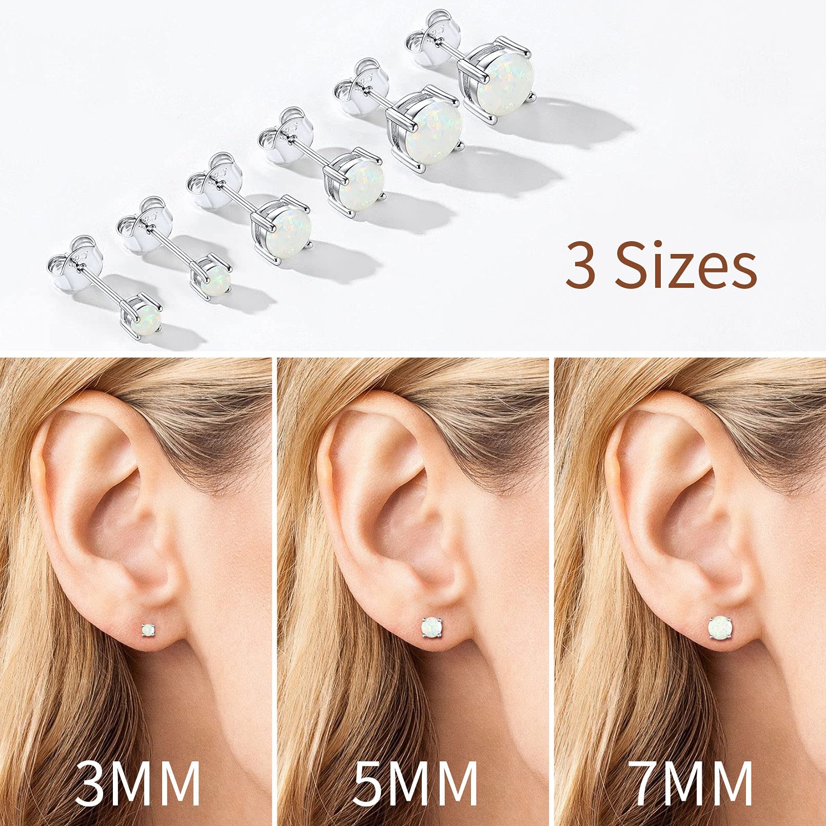 5Mm Created White Opal Stud Earrings, Hypoallergenic Sterling Silver round Cut Earrings for Women Girls October Birthstone Jewelry