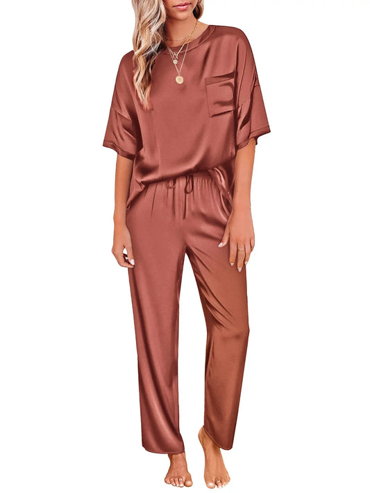 Womens Silk Satin Pajama Set Short Sleeve Shirt with Long Pajama Pant Set Two-Piece Pj Sets Soft Sleepwear Loungewear Nightwear Button-Down Pjs S-2XL, Wine Red, M